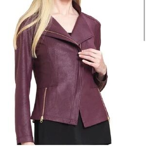 CLARA SUNWOO Liquid Leather Signature Plum Maroon Moto Zip Jacket Size Small